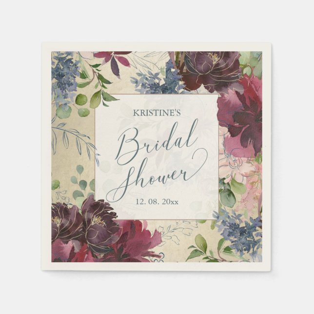 Serviette En Papier Mariage Chic Marsala Floral Aquarelle Or (Devant)