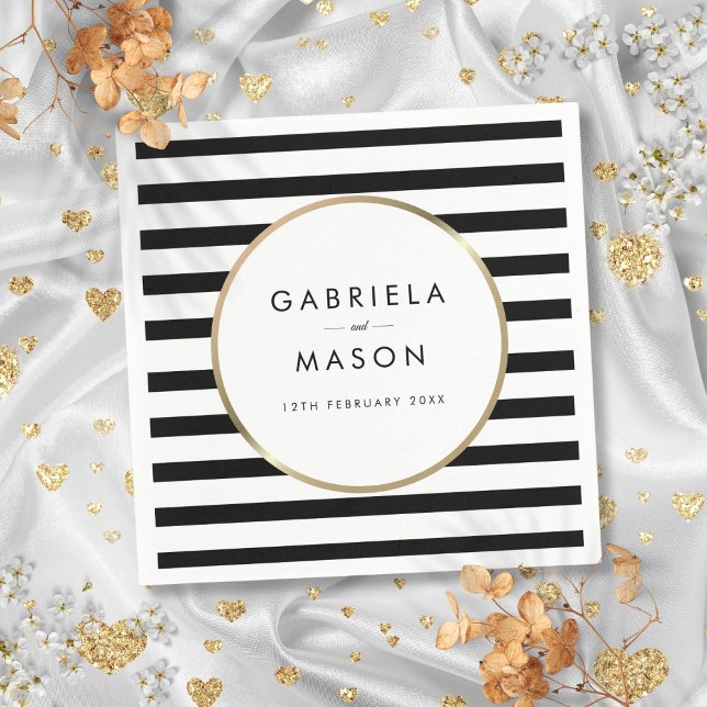 Serviette En Papier Mariage chic or à rayures noir et blanc (Black and White Stripe Chic Gold Wedding Napkins)