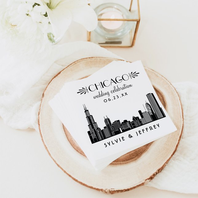 Serviette En Papier Mariage Chicago Skyline Noir et Blanc (Créateur téléchargé)