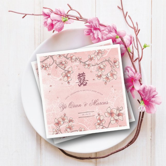 Serviette En Papier Mariage chinois à deux fleurs de pêche (Pink Peach/Plum Blossoms Double Happiness Elegant Chinese Wedding Paper Napkins @ fatfatin_red_knot)