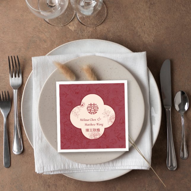 Serviette En Papier Mariage chinois élégant Double Xi Flower (Elegant Flower Double Xi Chinese Wedding Napkins)