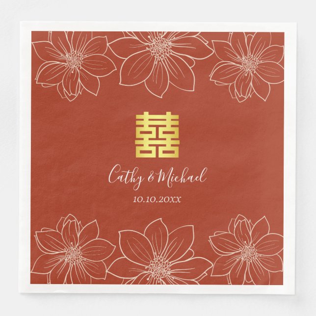 Serviette En Papier Mariage chinois floral rouge moderne boho (Devant)