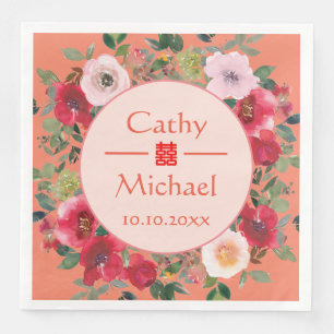 Serviette En Papier Mariage chinois moderne orangé cercle fleuri