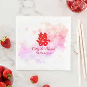 Serviette En Papier Mariage chinois rouge aquarelle cerisier en fleurs