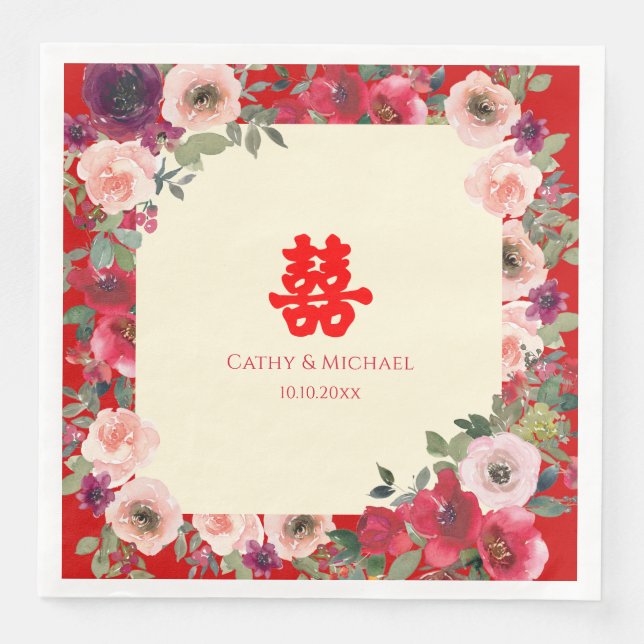 Serviette En Papier Mariage chinois rouge jardin fleuri double bonheur (Devant)