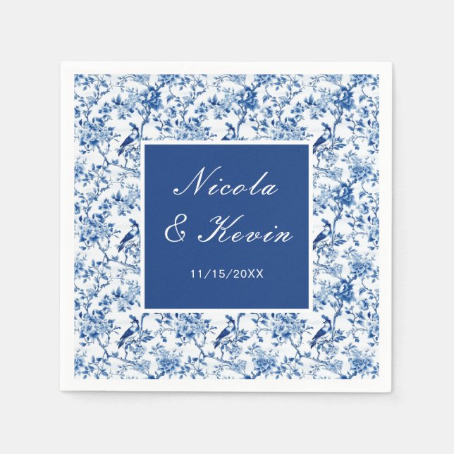 Serviette En Papier Mariage Chinoiserie Oiseaux Bleus et Fleurs (Devant)