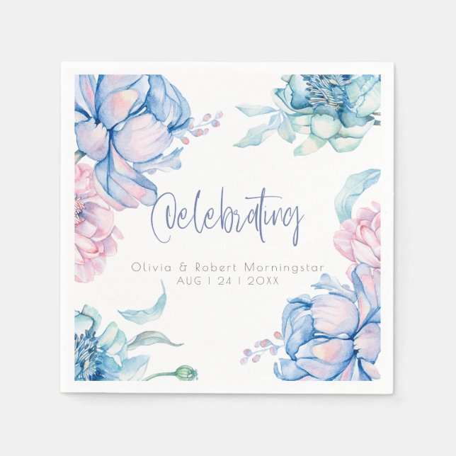 Serviette En Papier Mariage | Ciel Bleu et Bubblegum Pink Peonies (Devant)