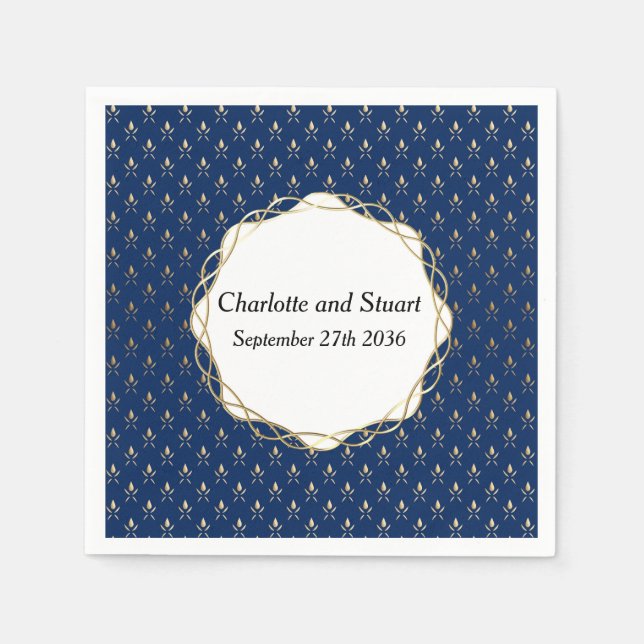 Serviette En Papier Mariage classique bleu et or (Devant)