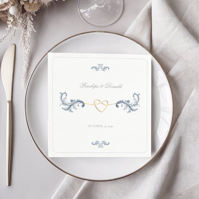 Serviette En Papier Mariage Classique Bleu Poussiéreux Or (Créateur téléchargé)