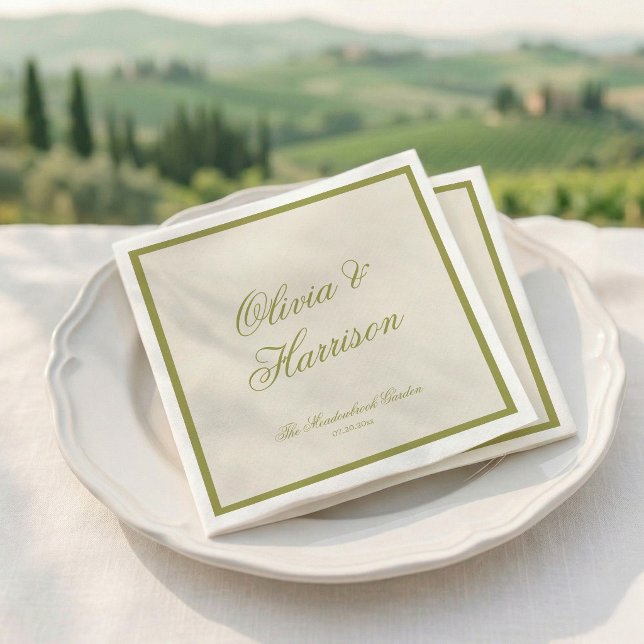 Serviette En Papier Mariage Classique Calligraphie Vert Olive (Créateur téléchargé)