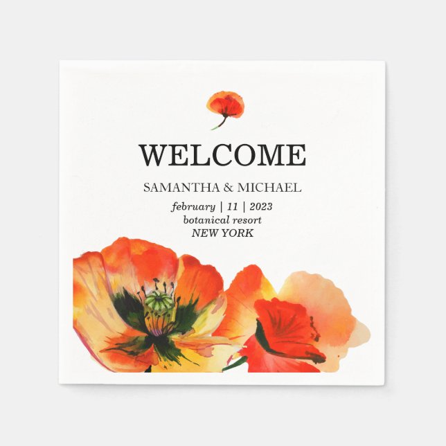 Serviette En Papier Mariage Classique Fleur de Pavot Rouge (Devant)