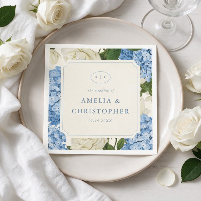 Serviette En Papier Mariage Classique Hydrangea Bleu Rose Blanche (classic and elegant wedding napkins with monogram, couple's names and blue and white florals)