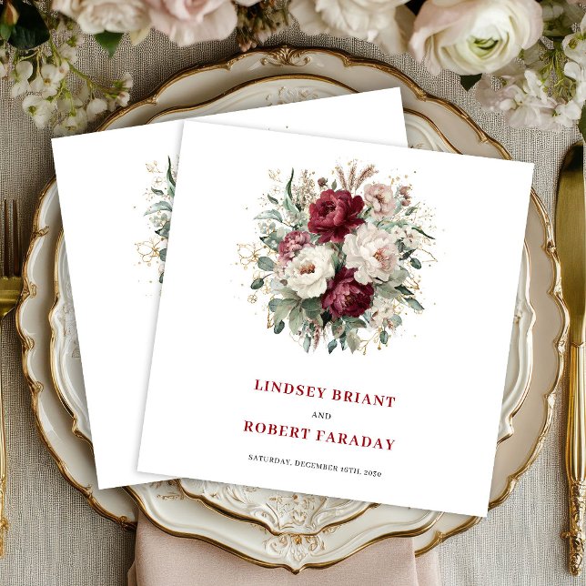 Serviette En Papier Mariage Classique Marron Floral Eucalyptus Or (Classic Maroon Floral Eucalyptus Gold Wedding Napkins)