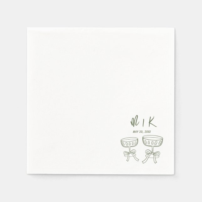 Serviette En Papier Mariage Cocktail Vert Dessiné à la Main  (Devant)