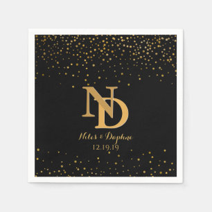 Serviette En Papier Mariage Confetti en or noir glam   Monogramme chic
