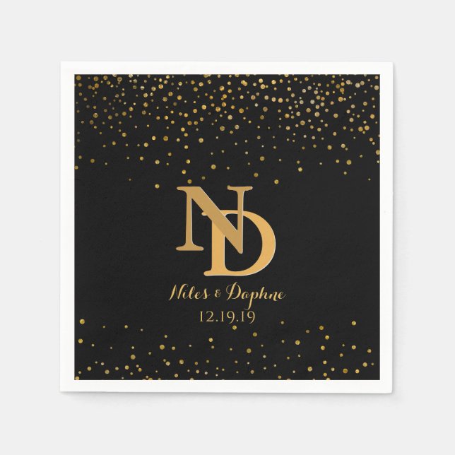 Serviette En Papier Mariage Confetti en or noir glam | Monogramme chic (Devant)