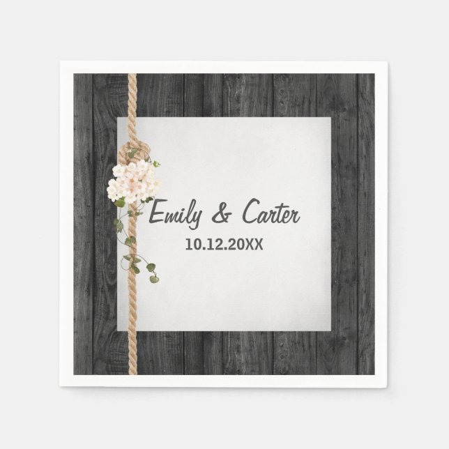 Serviette En Papier Mariage corde noeud sur le bois de grange (Devant)