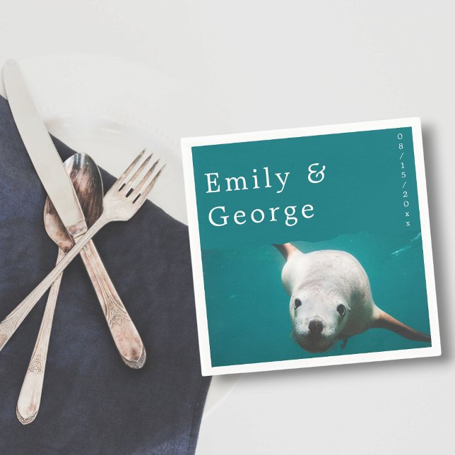 Serviette En Papier Mariage côtier bleu sous-marin Aqua Sea Lion (Créateur téléchargé)