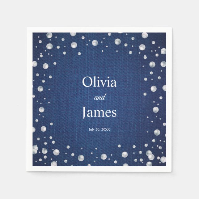 Serviette En Papier Mariage Couple's Shower Diamants Perles Denim Bleu (Devant)