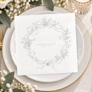 Serviette En Papier Mariage Couronne Florale Grise Noire Classique Vin