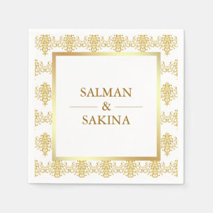 Serviette En Papier Mariage damassé blanc et or