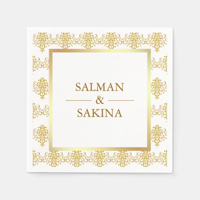 Serviette En Papier Mariage damassé blanc et or (Devant)