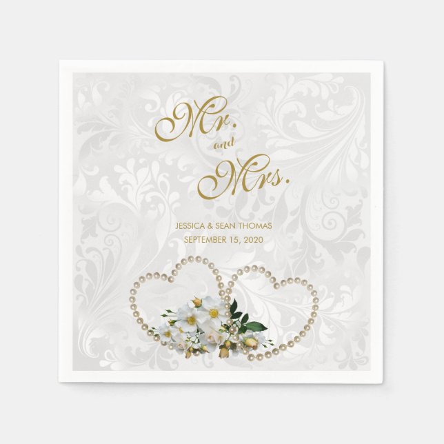 Serviette En Papier Mariage Damassé Cœurs et Fleurs de Perle (Devant)