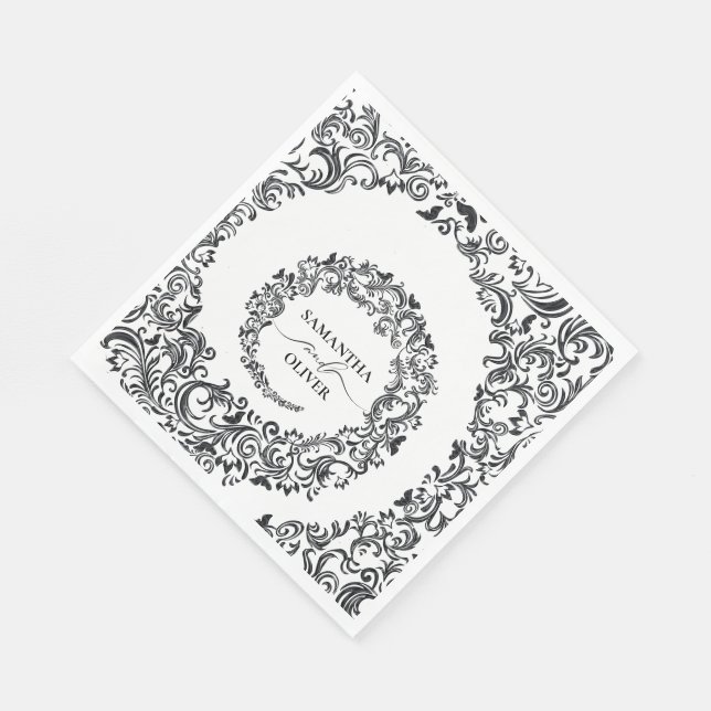 Serviette En Papier Mariage damassé noire et blanche (Coin)