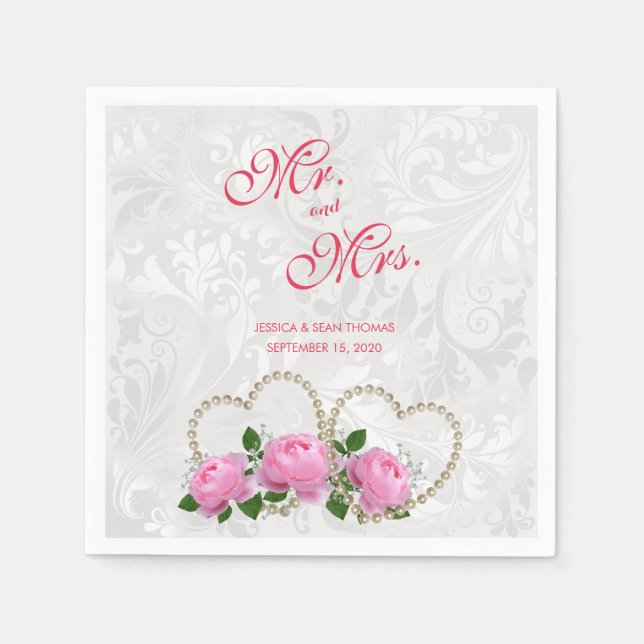 Serviette En Papier Mariage Damassé Perles Cœurs & Roses (Devant)