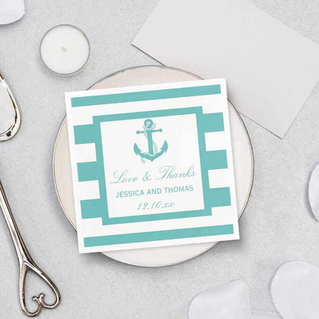 Serviette En Papier Mariage d'Ancre en bande turquoise nautique (Créateur téléchargé)