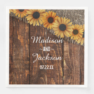 Serviette En Papier Mariage d'aquarelle de tournesol en bois rustique