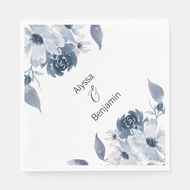 Serviette En Papier Mariage d'aquarelle florale bleu personnalisé Napk (Devant)
