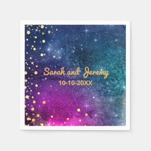 Serviette En Papier Mariage d'aquarelle Peacock bleu or moderne