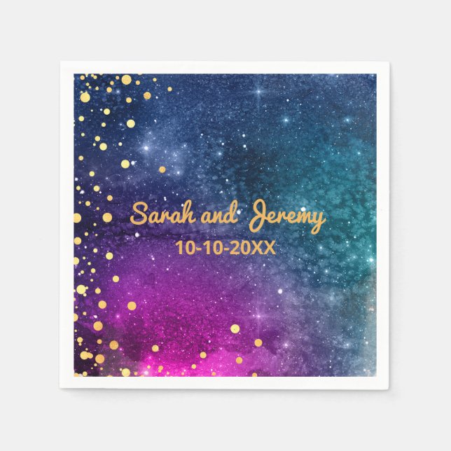 Serviette En Papier Mariage d'aquarelle Peacock bleu or moderne (Devant)