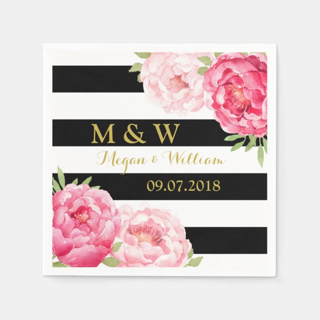 Serviette En Papier Mariage d'aquarelle rose rayures noires (Devant)