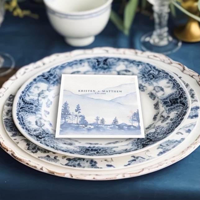 Serviette En Papier Mariage d'aquarelle rustique Blue Mountain (Our Blue Mountain Watercolor Napkins are not just a wedding utility, but a celebration of art.)
