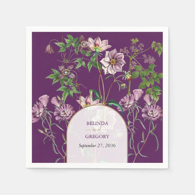 Serviette En Papier Mariage d'arc doré fleuri violet (Devant)