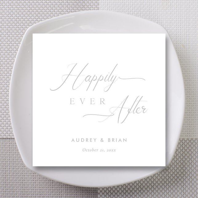 Serviette En Papier Mariage d'argent personnalisé 'Heureux toujours ap (Silver on White Happily Ever After Wedding Napkins)