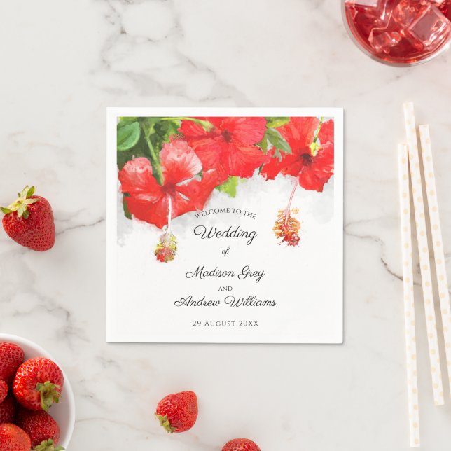 Serviette En Papier Mariage d'art Exotique Rouge Hibiscus (En situation)