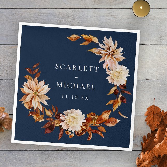 Serviette En Papier Mariage d'automne bleu marine (Navy Blue Fall Floral Wedding Napkins by Painted Paperie
)