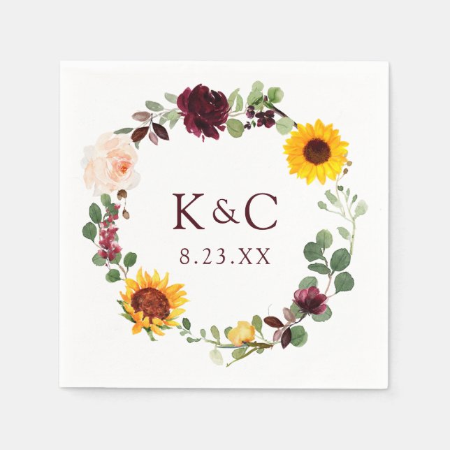 Serviette En Papier Mariage de automne Sunflower Wreath Rose Bourgogne (Devant)