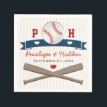 SERVIETTE EN PAPIER MARIAGE DE BASEBALL MONOGRAMMMÉ<br><div class="desc">CUTE BASEBALL THEMED COUPLES MARIAGE ENGAGEMENT PARTY OU ANNIVERSAIRE OU REHEARSAL DÎNER PAPIER NAPKINS EN ROUGE, BLANC ET MARINE BLEU HUES AVEC BASEBALL, COEUR ET CROISÉ BAT DESIGN SUR UNE CRÈME ET BLANC STRIPED MOTIF ARRIÈRE - PLAN. UNE BANNIÈRE DE RIBBON IMPRIMÉE EST CONÇUE AVEC DES COEURS BLANCS. AJOUTER LES...</div>