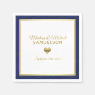 Serviette En Papier Mariage de cadre de coeur en or bleu marine