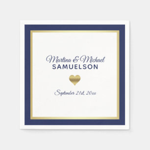 Serviette En Papier Mariage de cadre de coeur en or bleu marine