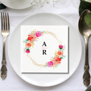 Serviette En Papier Mariage de cadre géométrique rouge rose floral or