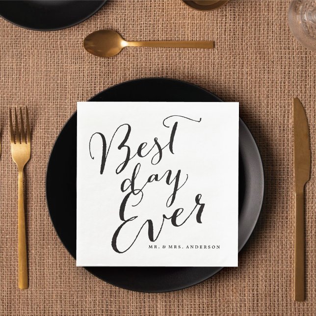 Serviette En Papier Mariage de calligraphie de script classique du mei (BEST DAY EVER Classic Script Calligraphy Wedding Paper Dinner Napkins @ fatfatin_blue_knot)