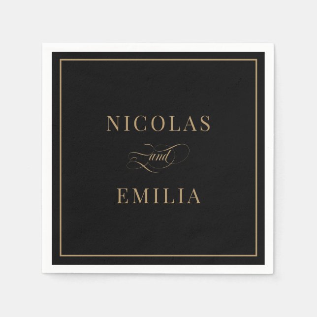 Serviette En Papier Mariage de calligraphie élégant en or noir (Devant)