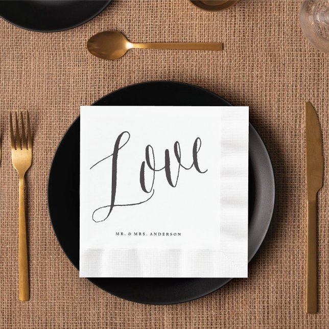 Serviette En Papier Mariage de calligraphie Love Chic Black Script (LOVE Trendy Chic Black Script Calligraphy Wedding Paper Napkins @ fatfatin_blue_knot)