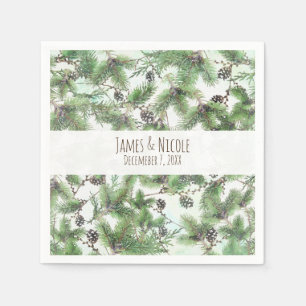 Serviette En Papier Mariage de campagne d'hiver vert et cônes de pin d