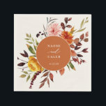 Serviette En Papier Mariage de charpente de fleurs en feuillage d'auto<br><div class="desc">Feuillage rustique d'automne et cadre floral,  serviettes en papier personnalisées. Le modèle de style design moderne fournit des lignes pour les noms et la date sur cadre rond orange brûlé.</div>